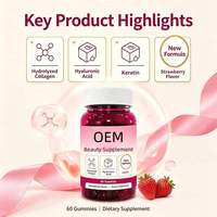 Complément alimentaire beauté en gommes à la fraise OEM, 60 unités, nouvelle formule avec collagène hydrolysé et acide hyaluronique