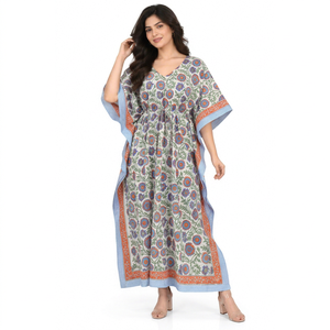 Robe Kaftan Bohème Florale Blanche pour Femme 100% Coton Tissé Sans Manches Col en V Coupe Ample Maxi avec Ceinture à Nouer Tenue Décontractée - Product Image 1