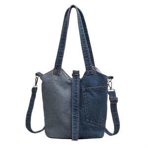 Sac seau rétro style Mori en jean avec doublure polyester, petite boucle de fermeture, pour femme, à porter à la main, à l'épaule ou en bandoulière, pour bouteille d'eau - Product Image 5