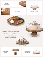Ensemble de présentation multifonctionnel pour desserts de fête, support pour aliments et en-cas, support à gâteau en bois d'acacia avec couvercle en acrylique