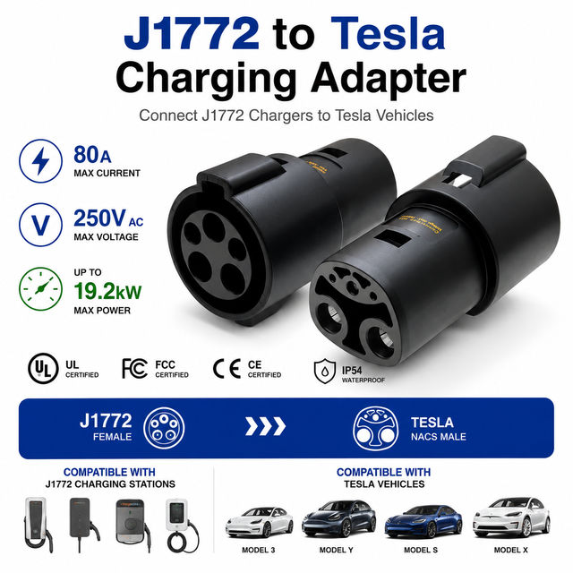 New AOTAI J1772 to Tesla Charging Adapter 80A 250V AC EV Charger Converter up to 19.2kW IP54 Protection for Tesla Model 3/Y/S/X
