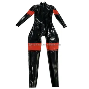 Custom Fetish Rubber Catsuit Zipper Latex Full Body Black and Red Women costumi personalizzati Unisex