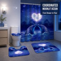 Ensemble de rideaux de douche Dauphin au clair de lune 4 pièces, Décoration textile de salle de bain Thème Nuit Marine, avec tapis en forme de U et couvercle de toilette, Motif Océan Romantique
