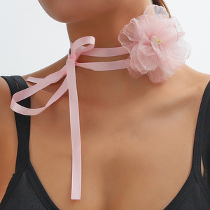 DIY 9.5cm kain mawar merah muda putih renda bunga liontin Choker kalung Aksesori seksi kalung Satin untuk wanita pesta pernikahan - Product Image 5