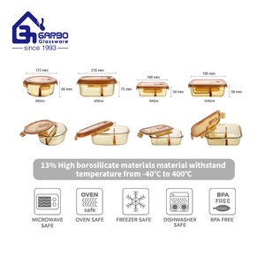 Récipient alimentaire en verre à haute teneur en borosilicate <span class=keywords><strong>avec</strong></span> <span class=keywords><strong>couvercle</strong></span> coloré taille différente boîte à lunch en verre résistant à la chaleur <span class=keywords><strong>bol</strong></span> de couleur unie ambre - Product Image 3