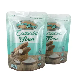 250g 500g plastique laminé de qualité alimentaire brillant impression debout emballage personnalisé sac ziplock pour farine de manioc