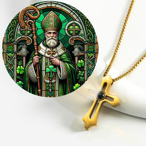 GIVELUCK Custom Edelstahl Kreuz Anhänger Projektion Saint Patrick Muster Projektor Halskette 18 Karat vergoldet Christian Bulk - Product Image 3