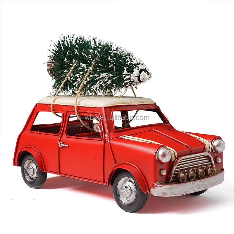 骨董品  車  置物 Vintage Christmas Ornament - Red Car Model with Tree