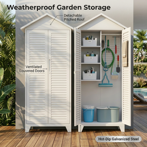 <span class=keywords><strong>Armoire</strong></span> de <span class=keywords><strong>rangement</strong></span> extérieure en acier blanc avec portes à persiennes et étagères, organisateur d'outils de jardin, abri de patio résistant aux intempéries - Product Image 1