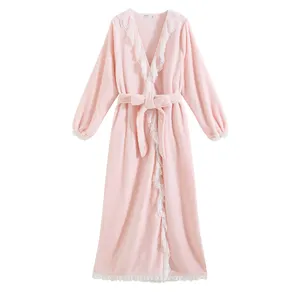 Autumn and winter sexy lace nightgown coral velvet princess style French retro long-sleeved flannel nightgown