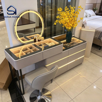 Ensemble de coiffeuse avec miroir éclairé rond et armoire de rangement intégrés à LED