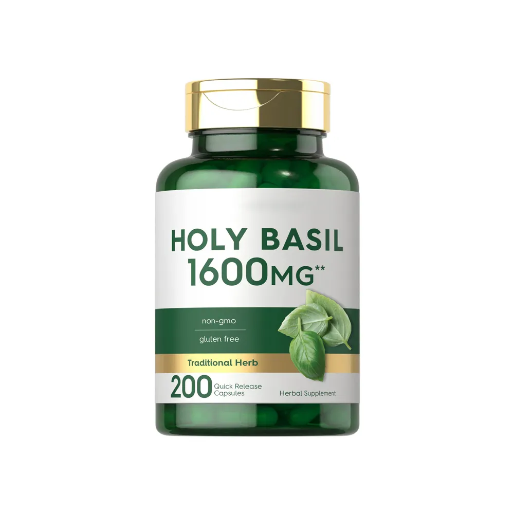 Suplemento de ervas 1600 mg sem glúten, cápsulas de extrato de folha de manjericão sagrado sem OGM, contagem de 200