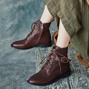 Bottines à plateforme en cuir de vache, style britannique, à bout pointu, avec fermeture éclair latérale et lacets, bottes Martin pour femmes, nouvelle collection automne/hiver - Product Image 2