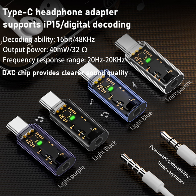 USB C 3.5mm Audio Adapter Transparent Design DAC Chip 16bit/48KHz HiFi Sound for iPhone 15 All Type C Phones