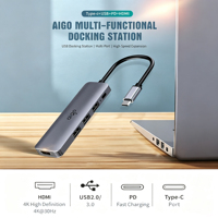 Station d'accueil multifonction Aigo, répartiteur USB-C en aluminium, 5 interfaces USB-C multifonctions, 100W PD pour usage quotidien au bureau hybride