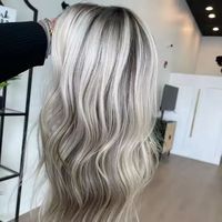 Perruque Longue Ondulée Grise Ombrée Blonde Argentée avec Dentelle Frontale, Cheveux Humains Premium Mélangés, Douce et Naturelle, Tendance, pour Femme, Usage Quotidien et Soirées