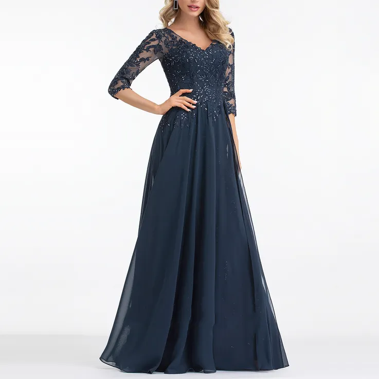 A-Line V-neck Floor-Length Chiffon Lace Stylish Modest Evening Party Wear Prom Dresses 2022 Evening Gown Sexy