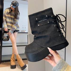 מגפי רכיבה אופנתיים לחורף לנשים, רוכסן פלטפורמה עם סוליה עבה בסגנון צמר מגניב, מתוק ומעלה גובה - Product Image 1