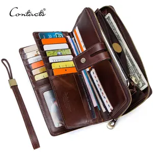 Contact's Wholesale 28-card-slot Crazy Horse Genuine Leather Men clutch mobile phone Wallet Cell Phone Purses Leather Wallet Men