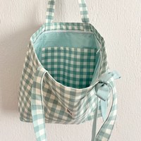 Sac fourre-tout coréen en toile à carreaux vichy avec nœud décoratif, grand sac à bandoulière écologique pour femme, idéal pour le quotidien et le shopping, vente en gros
