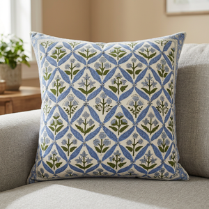 Fabricrush Coastal Blue Floral 100% Cotton Western Style Block Print Customizable Cushion Covers for Couch <b>Sofa</b> <b>Bed</b> Home Decor - Product Image 2