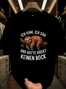 T-shirt graphique unisexe 'Ich Kam Ich Sah Und Hatte Direkt Kein Bock' motif paresseux allemand, noir, manches courtes, 100% coton biologique, style streetwear - Product Image 1