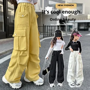 Pantalons <span class=keywords><strong>cargo</strong></span> pour filles, grandes filles, printemps automne 2025, nouveau style coréen décontracté, jambe large droite, coton, taille élastique - Product Image 3