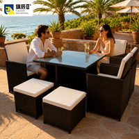 Ensemble de salle à manger de jardin 9 pièces en rotin avec table cube, 4 chaises et 4 poufs
