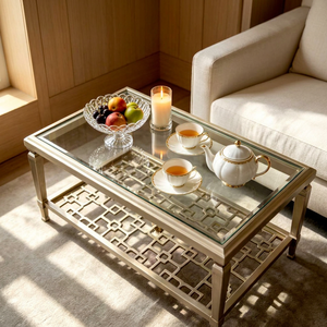Table basse rectangulaire moderne en verre doré champagne avec étagère en treillis pour salon - Product Image 1