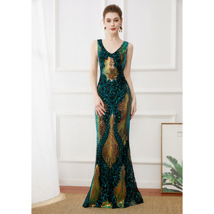 Вечернее платье макси с глубоким V-образным вырезом, расшитое пайетками, из бархата, в стиле «русалка», роскошное, для выпускного вечера, винтажное, с завышенной талией, в стиле ампир - Product Image 1