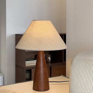 Solid Wood Conical Base <b>Bedside</b> Lamp with Linen Tapered Shade, Vintage Retro Accent Lamp for Bedroom Living Room Office Desk - Product Image 1