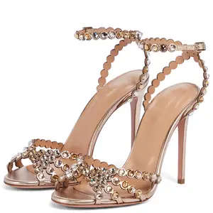 Attractive High Heel Sandal Round Toe Sandals Buckle Ankle Strap Glistening Beads Party Shoes