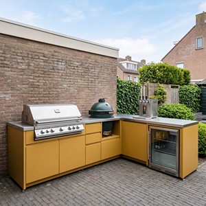 <span class=keywords><strong>Cucina</strong></span> Esterna a L in Acciaio Inox Giallo <span class=keywords><strong>Senape</strong></span> OEM Hyrley con Barbecue a Gas, Kamado e Frigorifero per Giardino - Product Image 1