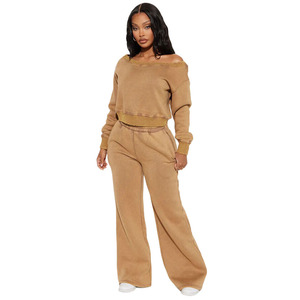 Felpa personalizzata a spalla e pantaloni della tuta a gamba dritta set di tessuto taglie forti da donna - Product Image 1