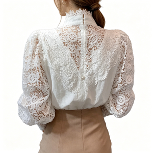 Elegante Spitzenbluse mit langen Ärmeln für Damen, V-Ausschnitt, Chiffon-Oberteil, transparenter Rücken, Blumenstickerei, schmal geschnitten, lässig, für Party, Büro, Hemd - Product Image 2