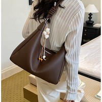 Tas Selempang Segitiga PU Motif Kulit Leci Cokelat Tua untuk Wanita, Tas Jinjing Kasual dengan Hiasan Manik Bunga untuk Belanja Akhir Pekan dan Sehari-hari