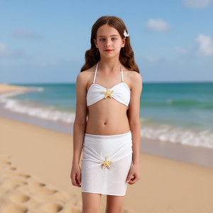 Set bikini HDJ per ragazze con gonna e decorazioni a forma di stella marina, costume da bagno bianco per outfit estivo da spiaggia - Product Image 2