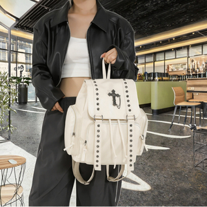 Sac à dos en PU pour femmes, multi-poches, pour étudiants, ordinateur portable, étanche, antivol, sac à bandoulière, rivets punk, noir, rock, voyage pour filles - Product Image 2
