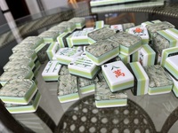 Tuiles de Mahjong Américain en Acrylique Transparent de Haute Qualité à 4 Couches, Impression Bambou, Vert Olive, Ensemble de Mahjong Américain Portable