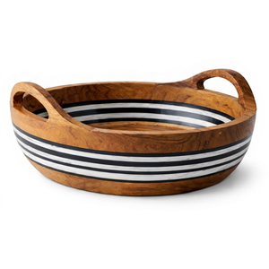 Natural Acacia Wood Serving Tray with Handles | Decorative Fruit Bowl | Wooden <b>Bread</b> <b>Basket</b> for Home & Hotel - Product Image 1