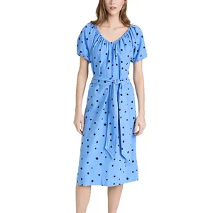 Damen Slubbed elastischen Ausschnitt von der Schulter kurze Puff ärmel Polka Dot Muster Leinen Belted Dot Kleid elegant für Frauen