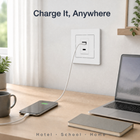 Chargeur mural moderne USB-A et USB-C, double port, prise de courant, design fin, faceplate carrée mate blanche pour la maison et l'hôtel