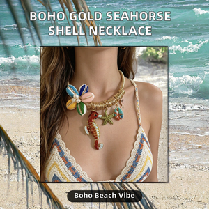 Collar Bohemio Chapado en Oro con Colgante de Caballito de Mar, Conchas Coloridas, Estrella de Mar y Pez, Cadena de Eslabones, Joyería de Playa - Product Image 2