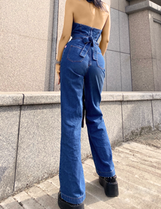 New Sleeveless Ladies Open Back Halter <strong>Dungarees</strong> Denim Jumpsuit One Pieces <strong>Women</strong> Casual Jean Clothing - Product Image 5