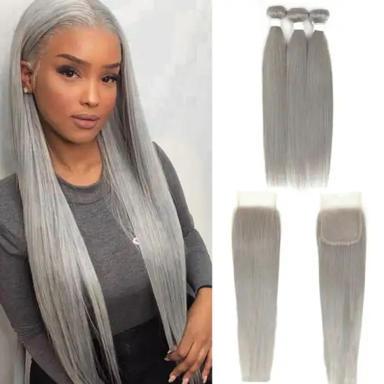 Wholesale cheap raw unprocessed virgin brazilian human hair weaves grey silky straight hair bundles with lace frontal