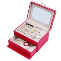 Caja de colección de joyas de cuero rojo, caja de joyería con espejo y almacenamiento de gran capacidad
