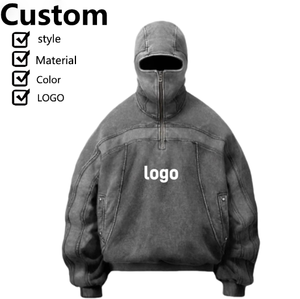 Sweat-shirt à capuche zippé pour homme, personnalisé, délavé à l'acide, style rétro à épaules tombantes, commande minimale faible, vente en gros - Product Image 1