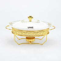 Plat de Présentation Chauffant Ovale en Céramique 1.0/1.5/2.0L Luxe et Or Couronne – Set Chauffe-Plat