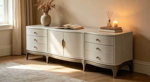 Mueble para TV Curvo de Primera Calidad en Color Blanco Crema, Mueble de Almacenamiento de Madera Maciza de Lujo para Sala de Estar o Dormitorio - Product Image 3