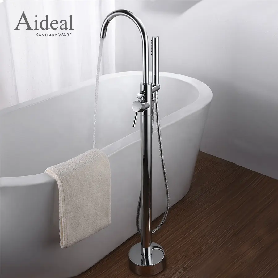 Household style two way floor standing large water flow gooseneck spout with brass sprayer handle